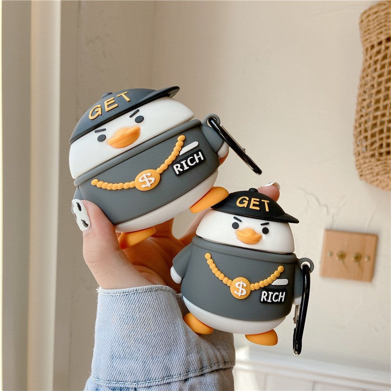 GET RICH Duck AirPods Case – Funny 3D Cartoon Silicone Cover 🦆💰