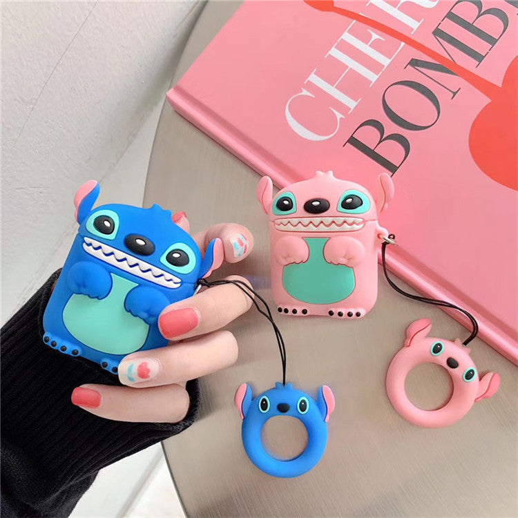 Stitch & Angel AirPods Case Set – 3D Cartoon Silicone Covers with Keychain Ring