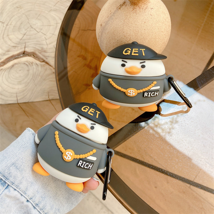 GET RICH Duck AirPods Case – Funny 3D Cartoon Silicone Cover 🦆💰
