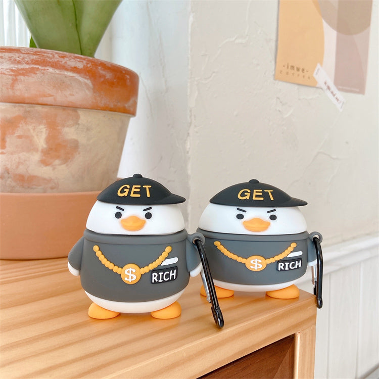 GET RICH Duck AirPods Case – Funny 3D Cartoon Silicone Cover 🦆💰